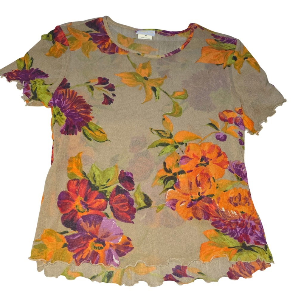 Y2K Gottex Sheer Floral Mesh Top Short Sleeve Lettuce Hem Art Deco Flirty Size M